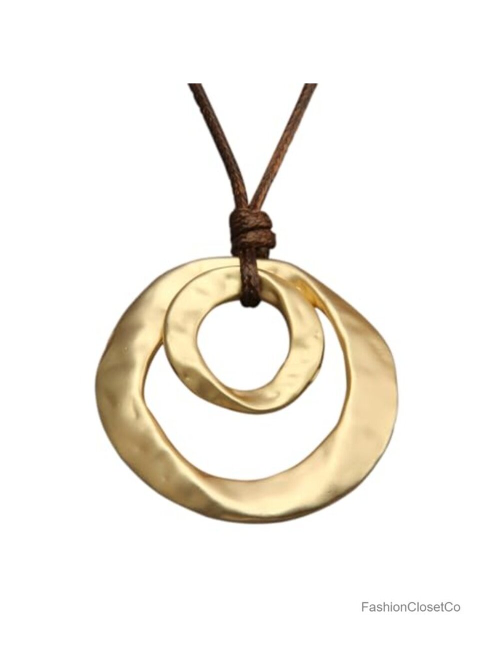 Faux Leather Round Wooden Pendant Long Choker 2 Circles Gold Necklace Boho